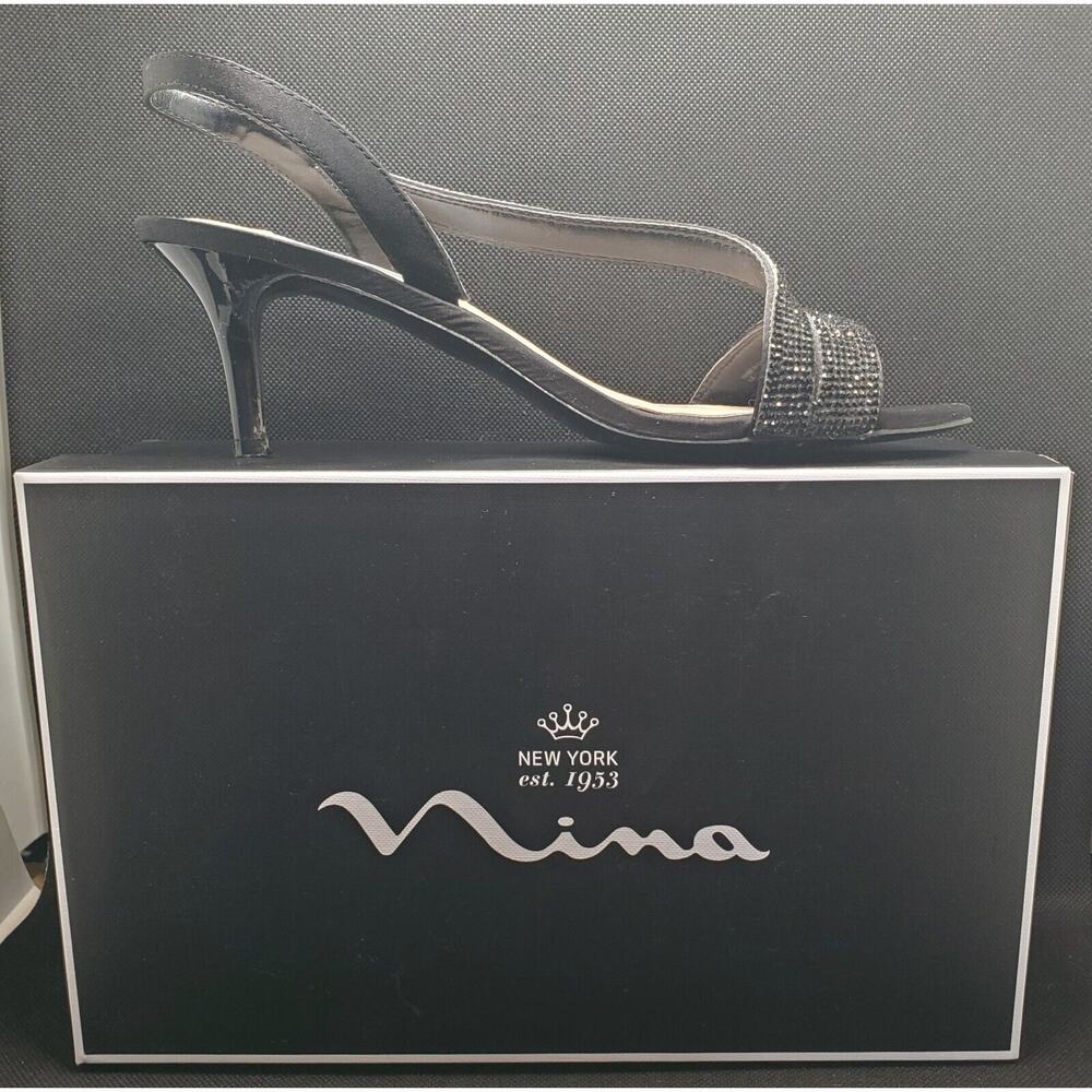 Nina Shoes Nieves Rhinestone Slingback Womens Black Luster Satin Dress Size 8 - Picture 2 of 8